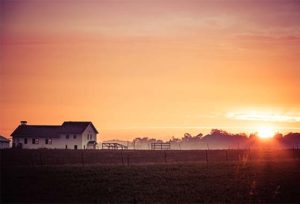 Save Download Preview I farmhouse and field at sunrise with a slight morning mist in Indiana.