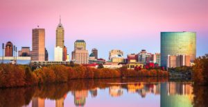 Indianapolis, Indiana, USA skyline on the White River at dusk.